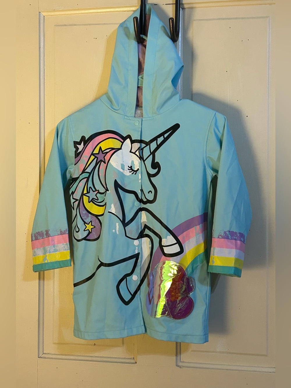 Addie & Tate Girls Unicorn Rainbow Hooded Raincoat Jacket - Size 4-5